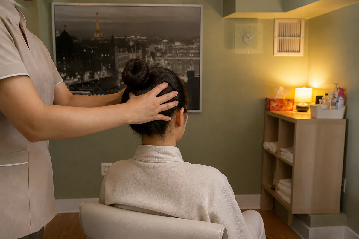 Representative image of a professional seated head massage viewed from behind